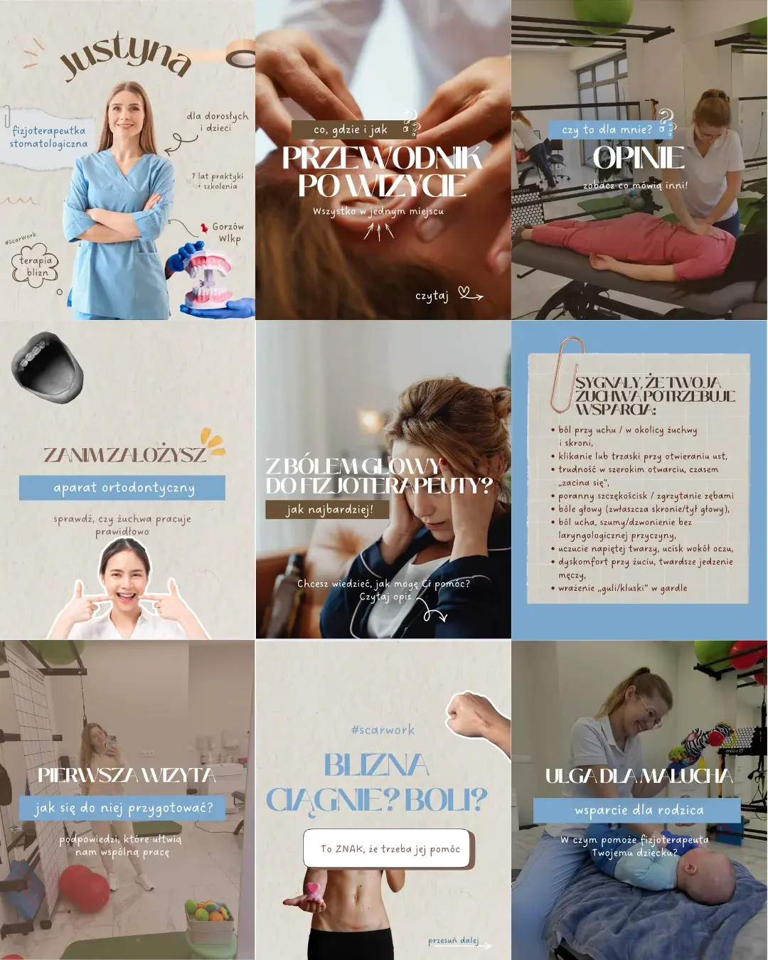 Feed Instagram fizjoterapeutki stomatologicznej z edukacyjnym contentem i poradami