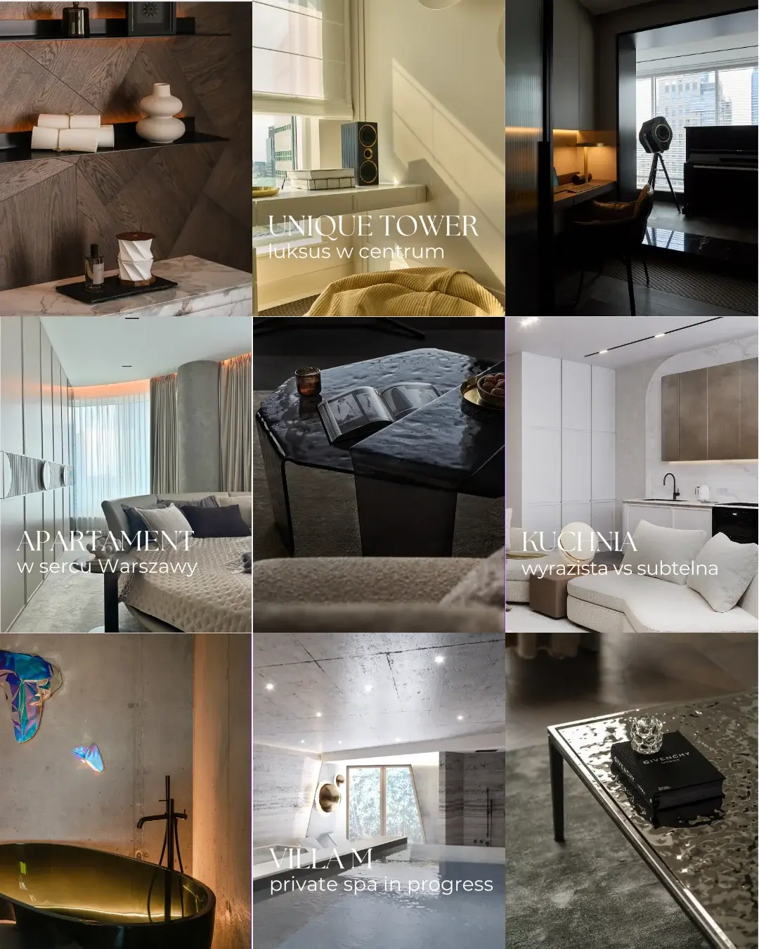 Feed Instagram apartamentu premium z wnętrzami, detalami i estetyką marki