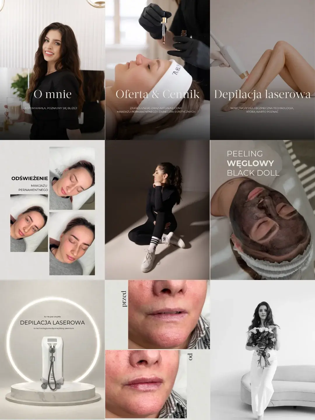 Feed Instagram gabinetu beauty z ofertą zabiegów i efektami pielęgnacji