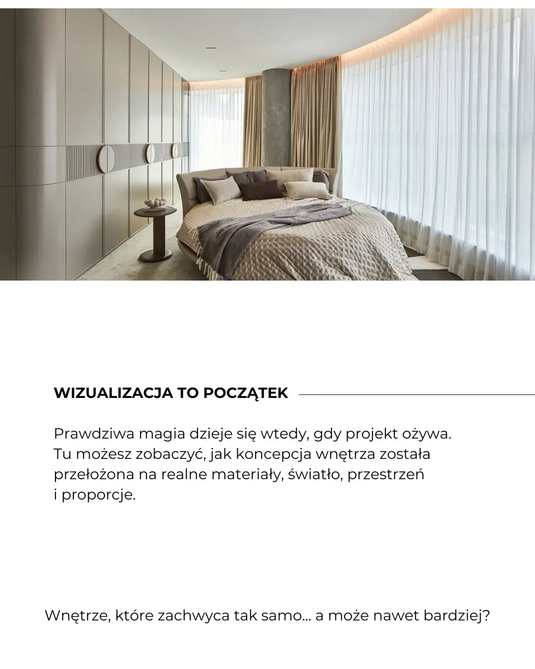 Grafika wnętrzarska pokazująca zrealizowaną sypialnię i opis procesu projektowego