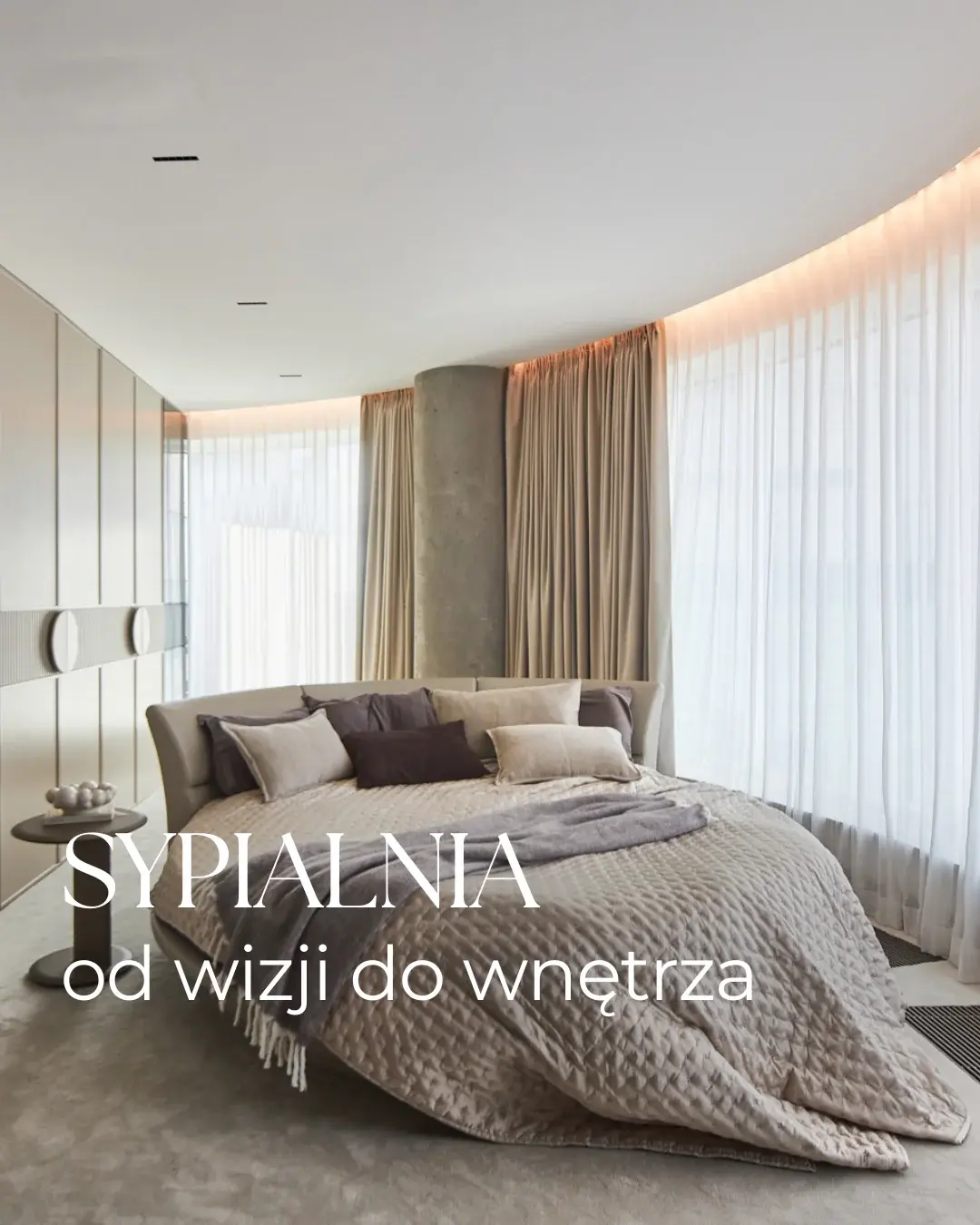 Grafika wnętrzarska prezentująca sypialnię premium z hasłem od wizji do wnętrza