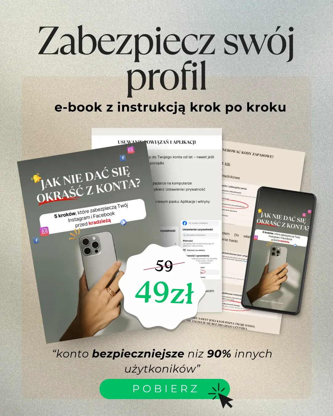 Grafika sprzedażowa promująca e-book o bezpieczeństwie kont na Instagramie i Facebooku